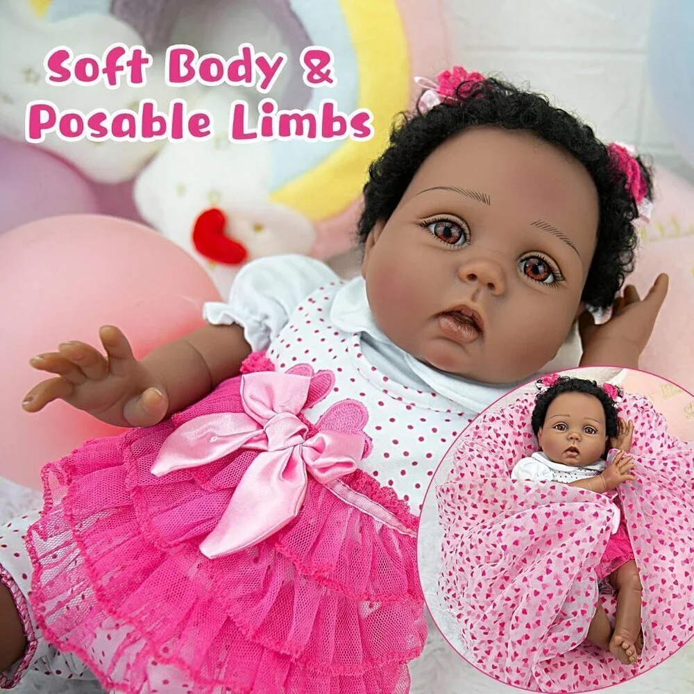 🆕22Inch Realistic Black African American Newborn Girl with a soft cloth Body